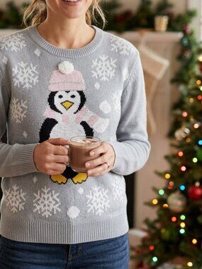 Happy Holidays Women's Grey Knit Christmas Penguin Sweater Size SP Long Sleeves
